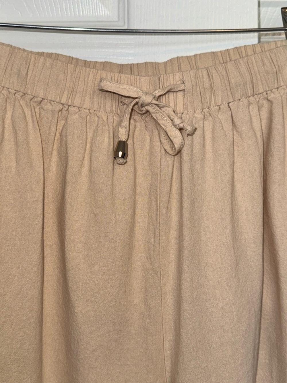 100% Linen Wide Leg Pants Neutral Beige Elastic Waist Drawstring Relaxed M - Picture 3 of 9